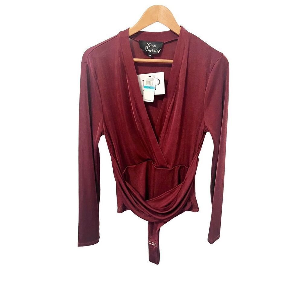 Nina Parker Wine Trendy Crossover Long‎ Sleeve Thong Bodysuit